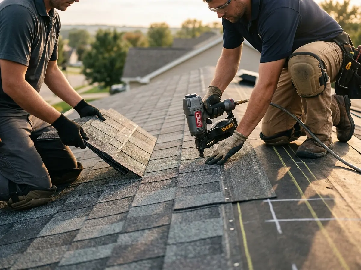 Professional roofer working on a residential roof in Decorah